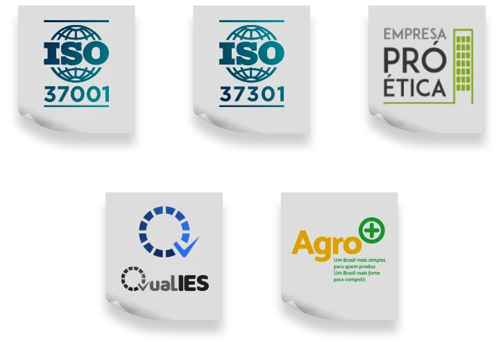 Referências de certificação: ISO 37001, ISO 37301, Empresa Pró-Ética, QualIES e Agro+ Integridade